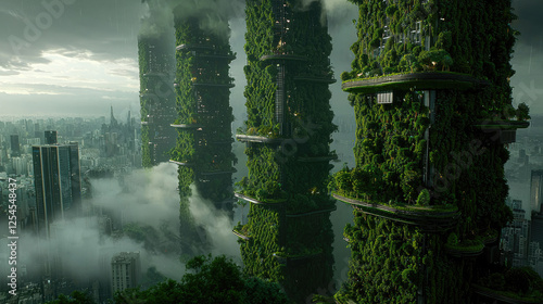 Futuristic cityscape featuring towering green skyscrapers amidst a cloudy skyline, with urban life below