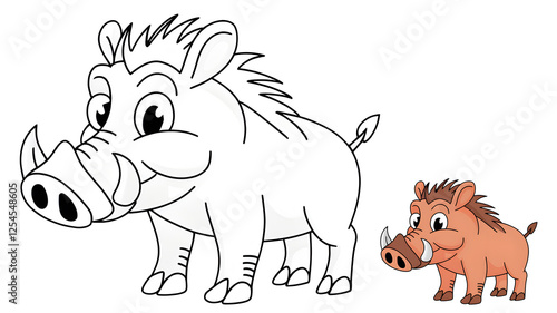 Cartoon style coloring page of a warthog with a colored example for kids' activities, fun learning books