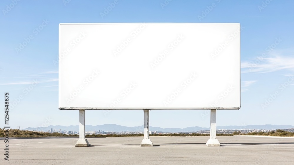 Obraz premium Empty billboard in a vast landscape with distant mountains and clear blue sky, ideal for advertising