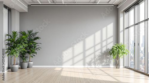 Empty room with gray walls, large windows, and potted plants. Versatile for real estate, interior design concepts, or as a background. Represents potential, space, and new beginnings. Sunlight and sha