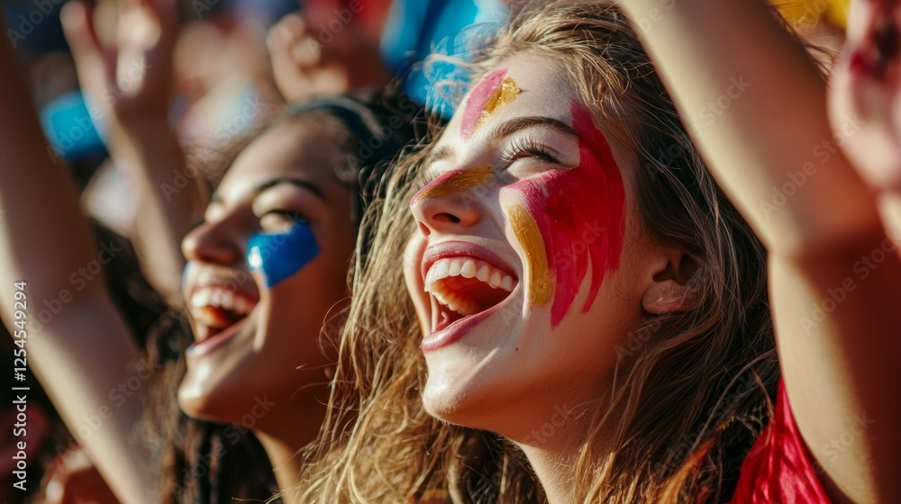Happy Fans with Face Paint at a Vibrant Outdoor Event Celebrating Happy Fans with Face Paint at a Vibrant Outdoor Event Celebrating