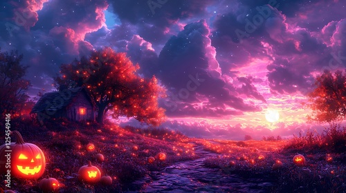 A pumpkin patch with vines that glow like neon trails under a dreamy violet sky photo