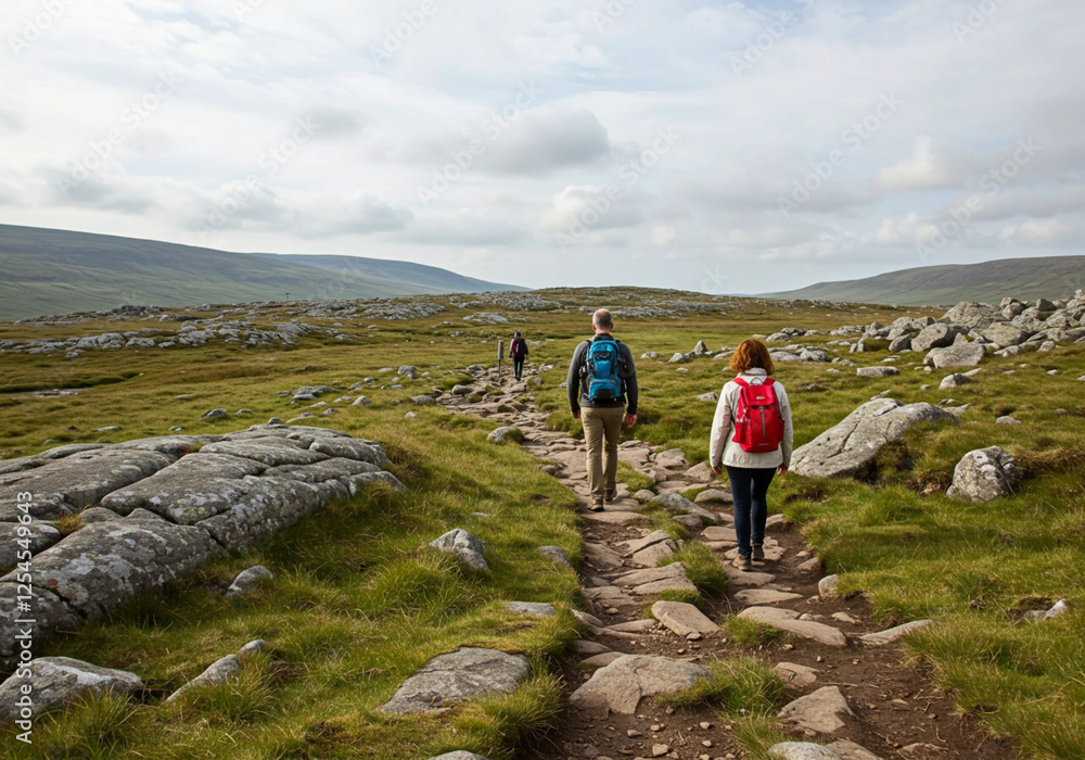 Obraz premium Scenic view of two hikers walking along a rocky path in a lush green landscape, capturing the essence of adventure and exploration.