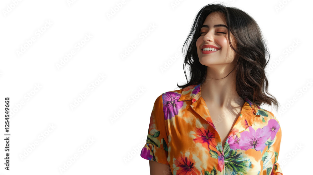 Beautiful smiling woman with flowery shirt posing on transparent background