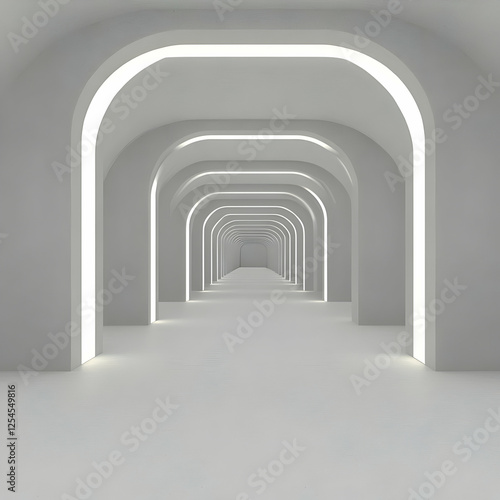 Infinite white archway hallway  futuristic design
