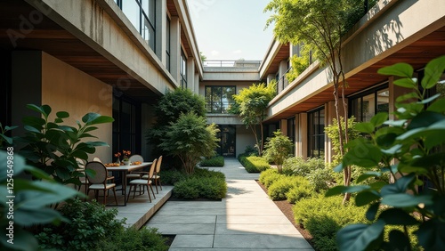 Wallpaper Mural Urban rooftop garden with lush greenery, brick walls, and seating area	 Torontodigital.ca