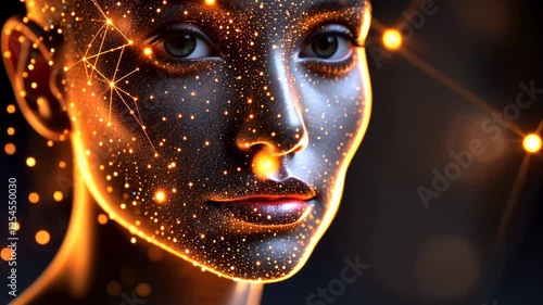 Intricate network of digital golden lines forming human head, representing technology