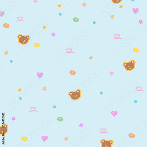 Teddy bear, flower, heart on pastel blue background for wallpaper, backdrop, animal print, summer pattern, fabric print, picnic blanket, duvet, blossom, gift wrap, packaging, Valentine's Day, zoo
