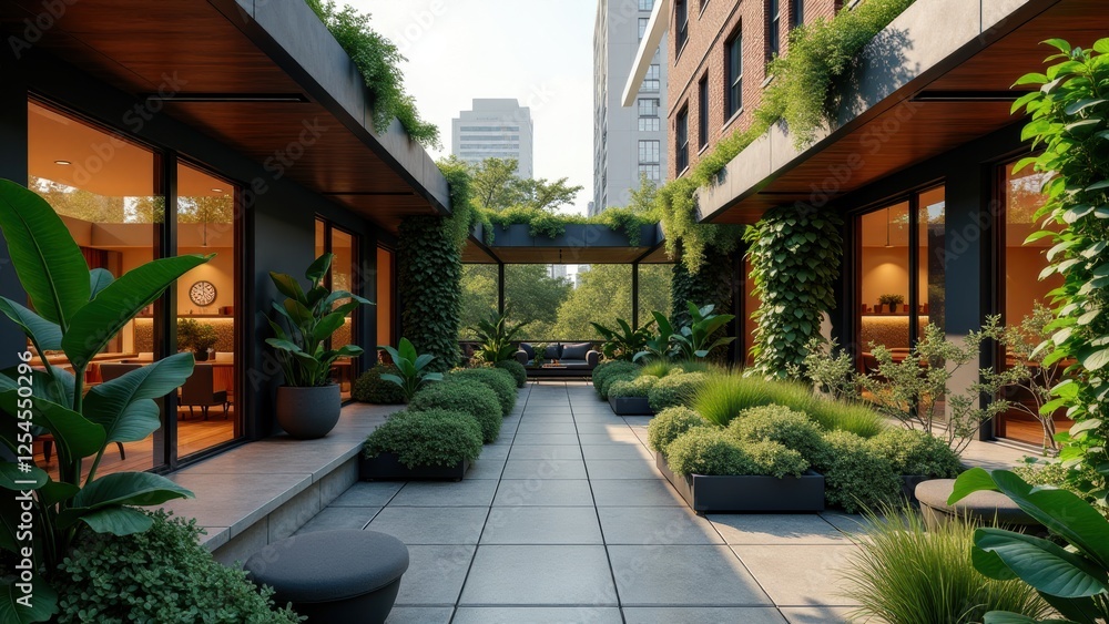 Fototapeta premium Urban rooftop garden with lush greenery, brick walls, and seating area
