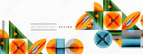 Geometric abstract composition with intersecting shapes, circles, triangles, and gradients, blending vibrant colors and dynamic contrasts to create a modern, futuristic visual design