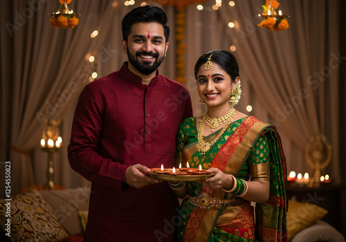 traditional diwali celebration with indian couple in ethnic attire holding diyas