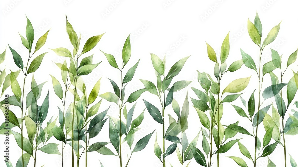 Lush Greenery Watercolor Illustration of Delicate Leaves Against a White Background Lush Greenery Watercolor Illustration of Delicate Leaves Against a White Background