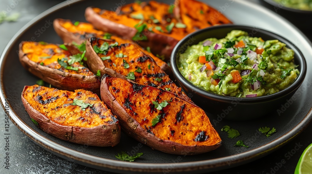 Deliciously grilled sweet potatoes served on a sleek black plate alongside fresh guacamole, garnished with cilantro, perfect for healthy meals and vibrant culinary presentations. Deliciously grilled sweet potatoes served on a sleek black plate alongside fresh guacamole, garnished with cilantro, perfect for healthy meals and vibrant culinary presentations.