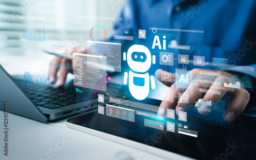 AI Artificial Intelligence technology for data analysis, research, planning, and work generate. Man uses a laptop and AI assistant dashboard. Technology smart robot AI agents and agentic workflows. photo