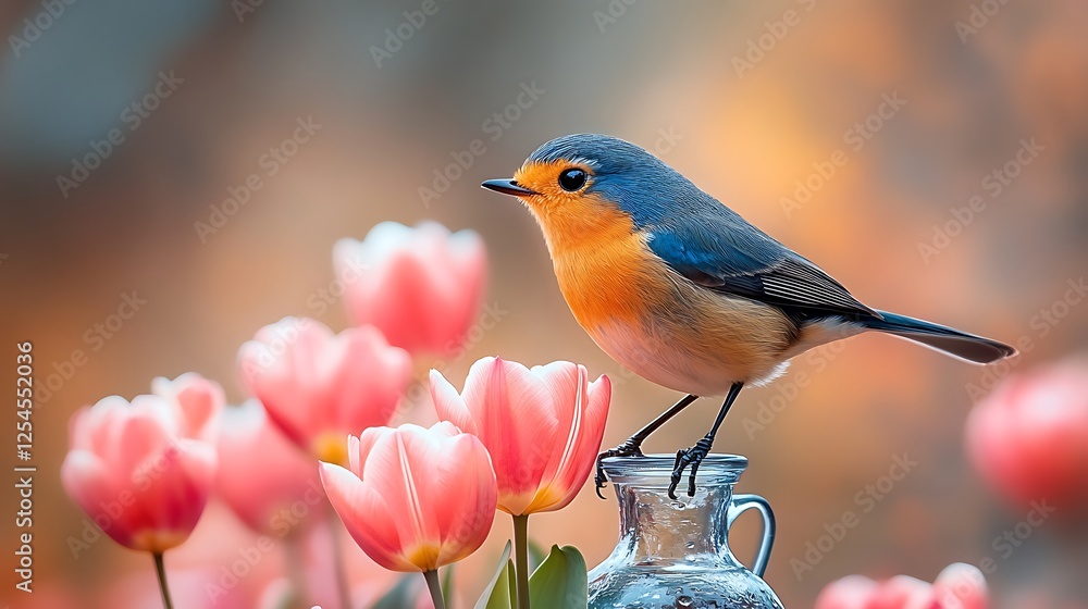 Fototapeta premium A small songbird perched gracefully on the edge of a tulip filled vase set against a softly blurred natural background