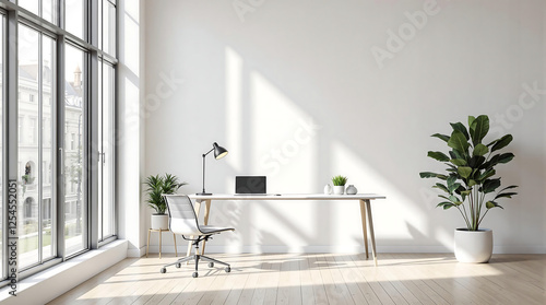 Modern living room with a large, blank canvas, sofa, and city view. Perfect for showcasing art, mockups, interior design concepts, or real estate visuals. Use in presentations, websites, or marketing.