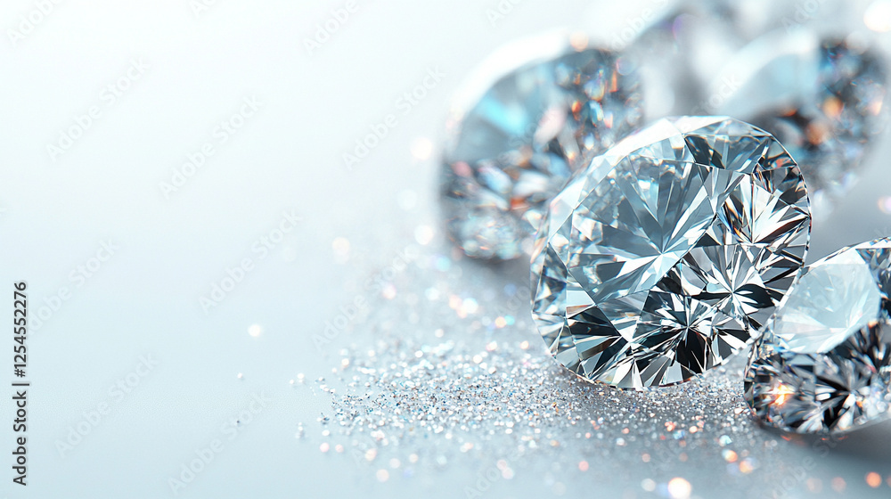 Diamonds scattered on a white background symbolize purity, luxury, and elegance. The scattered arrangement represents chaos, with an empty center evoking simplicity and balance in a modern context Diamonds scattered on a white background symbolize purity, luxury, and elegance. The scattered arrangement represents chaos, with an empty center evoking simplicity and balance in a modern context