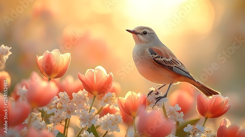 A pastel toned floral arrangement featuring tulips and a serene bird perched nearby with soft lighting enhancing the mood