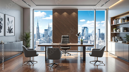 Modern office interior with a large desk, chairs, and a panoramic city view. Suitable for corporate websites, presentations, brochures, or articles about business, leadership, and urban workplaces.


