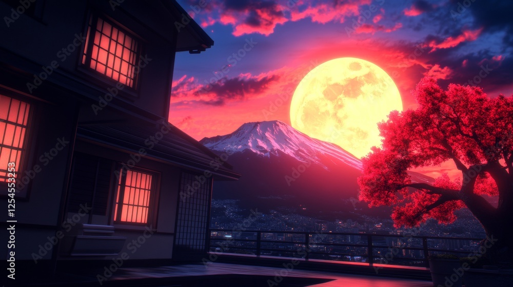 Serene night scene of a house with warm lights, overlooking a majestic mountain under a vibrant full moon. Serene night scene of a house with warm lights, overlooking a majestic mountain under a vibrant full moon.