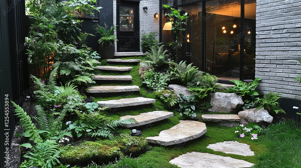 Obraz premium Serene garden pathway leading to a modern home with lush greenery and soft lighting