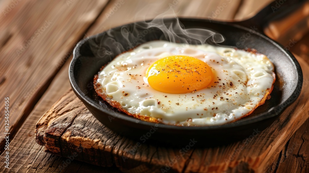 Golden sunny-side-up egg sizzling in cast-iron skillet on rustic wooden surface with steam rising, emphasizing farmhouse cooking charm and traditional flavors... Golden sunny-side-up egg sizzling in cast-iron skillet on rustic wooden surface with steam rising, emphasizing farmhouse cooking charm and traditional flavors...