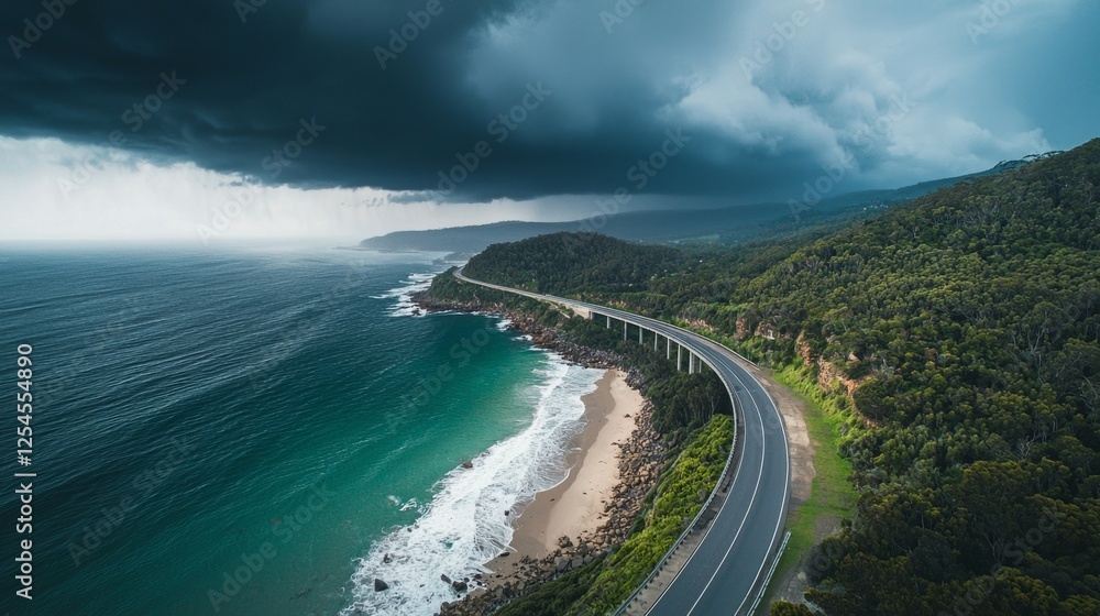 Fototapeta premium Scenic Coastal Road Amidst Dramatic Sky and Ocean Waves