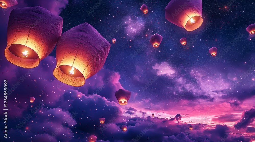 Fototapeta premium Ethereal Lanterns Illuminate Night Sky with Cosmic Galaxy Background