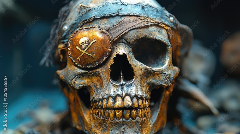 Obraz premium Detailed close-up of a pirate skull with an eye patch, set against a dark background with artifacts