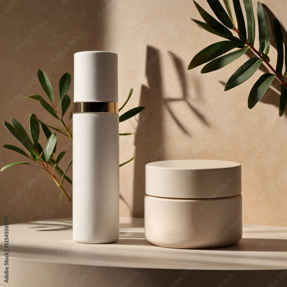 Minimalist Skincare Product Display with White Bottle and Jar Minimalist Skincare Product Display with White Bottle and Jar