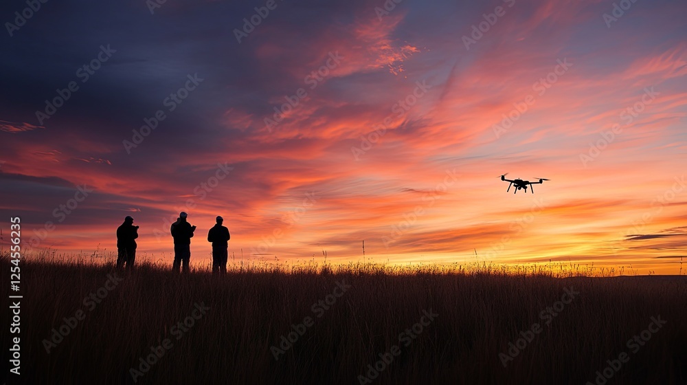 Engineers using drones to survey wind turbines against a colorful evening sky digital Engineers using drones to survey wind turbines against a colorful evening sky digital