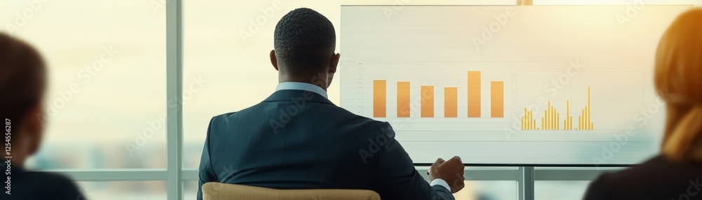 Strategic Business Negotiation and Corporate Agreement Discussions, A professional executive presenting a graph in a business setting. Strategic Business Negotiation and Corporate Agreement Discussions, A professional executive presenting a graph in a business setting.