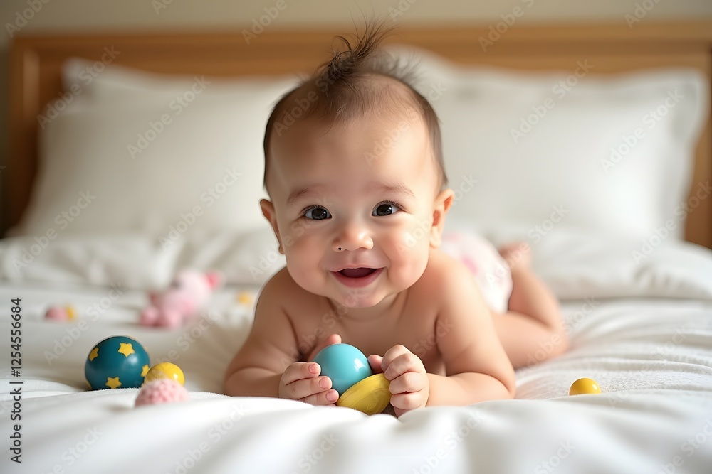 Happy baby in bed. Eight months old baby playing with toys on her hands and knees. Happy baby in bed. Eight months old baby playing with toys on her hands and knees.