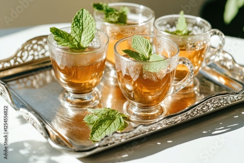 Refreshing tea served in elegant glass cups, garnished with fres photo