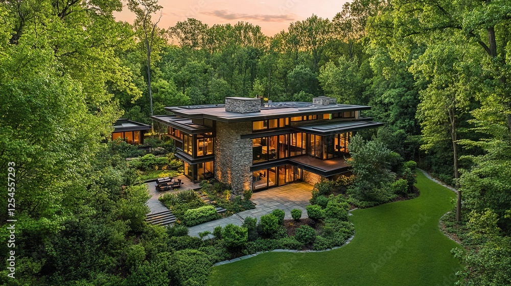 Obraz premium A panoramic drone shot of a modern home surrounded by lush greenery digital