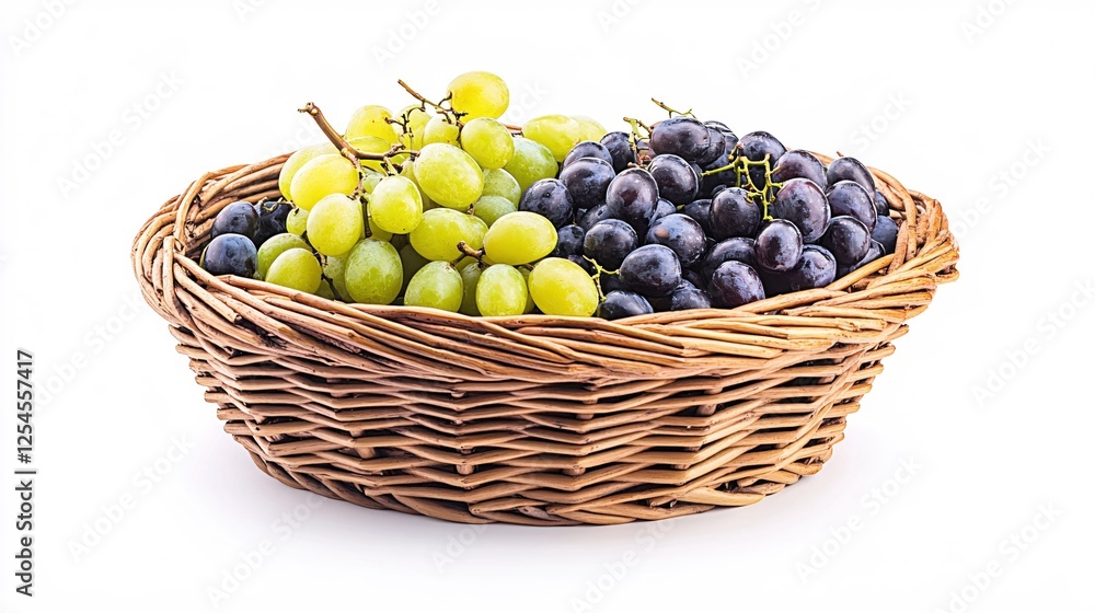 Fresh green and dark grapes in a wicker basket on a white background studio shot Fresh green and dark grapes in a wicker basket on a white background studio shot