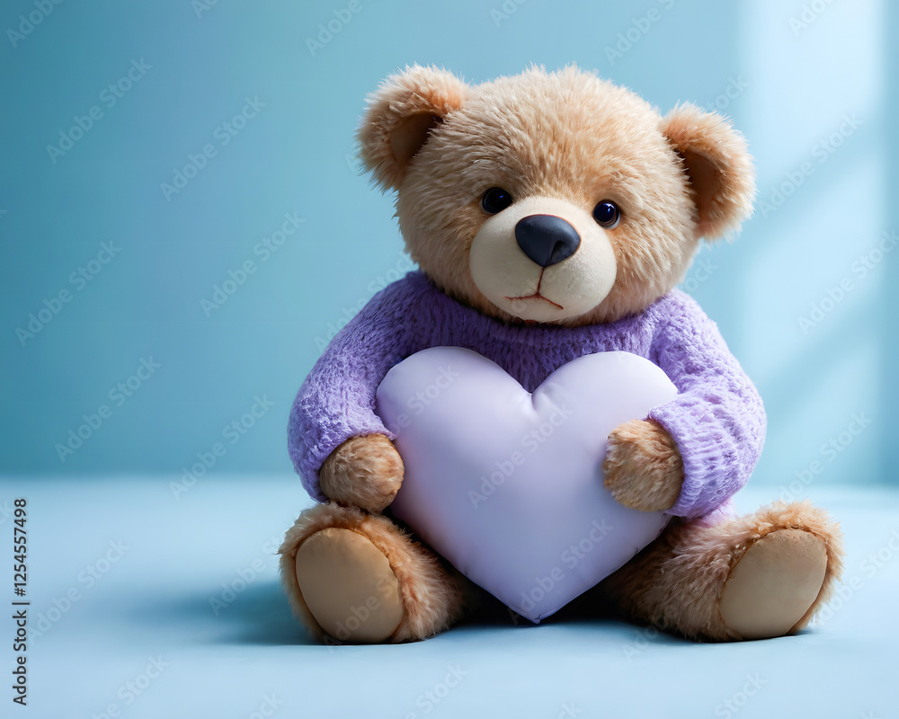 Obraz premium Portrait of a cuddly teddy bear, its soft fur and innocent eyes inviting a sense of love and companionship, holding a heart pillow.