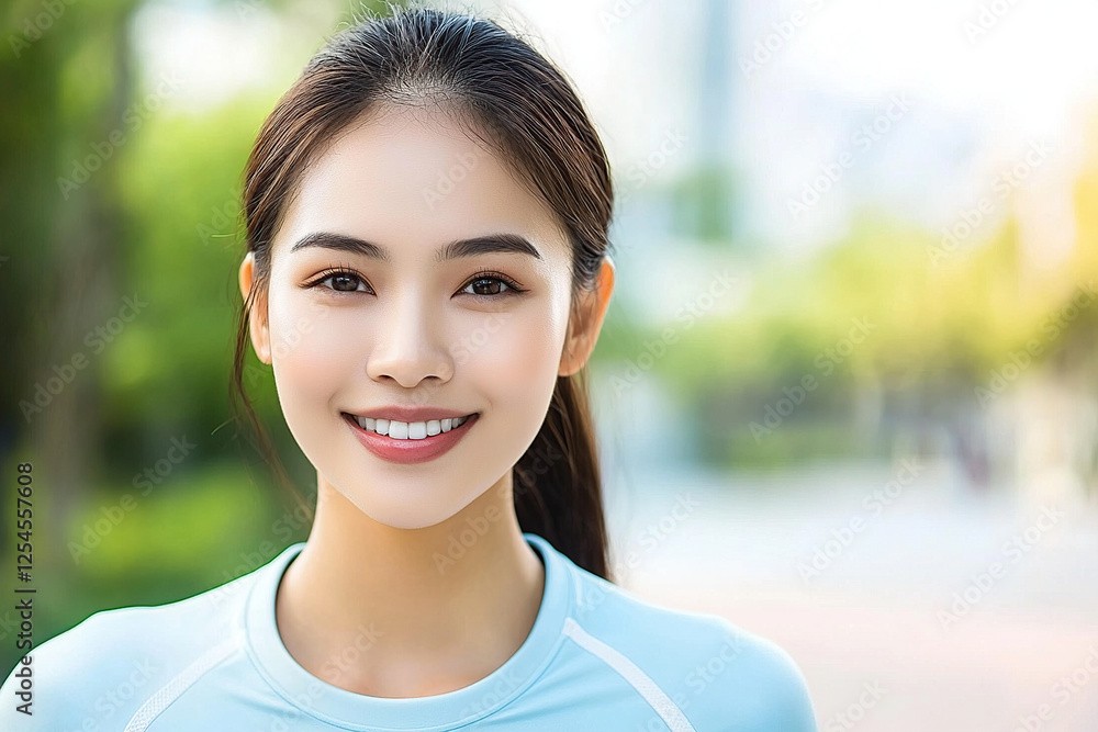 woman with bright smile wearing light blue athletic top stands outdoors, surrounded by greenery, exuding sense of health and vitality woman with bright smile wearing light blue athletic top stands outdoors, surrounded by greenery, exuding sense of health and vitality