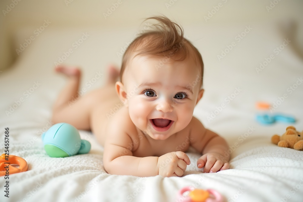 Happy baby in bed. Eight months old baby playing with toys on her hands and knees. Happy baby in bed. Eight months old baby playing with toys on her hands and knees.