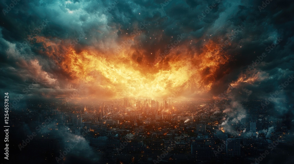 Naklejka premium City on Fire, Fiery Wings, Dramatic Sky, Apocalypse. Use Stock photo, book cover, movie poster