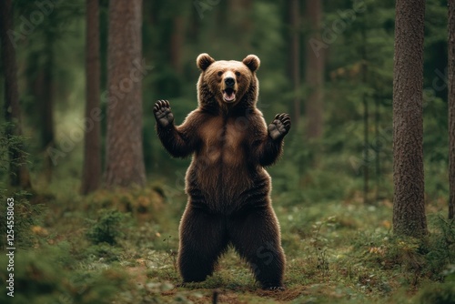 Large brown bear standing in a forest, displaying a defensive posture in the presence of trees and foliage. Generative AI