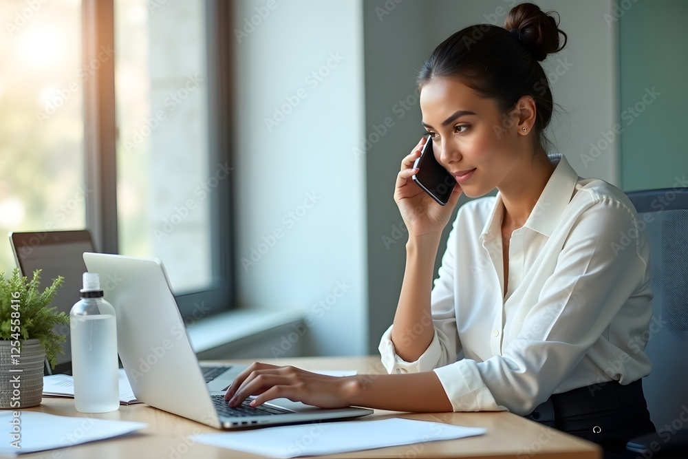 Portrait of young business woman talking on mobile phone while using her laptop in office. Portrait of young business woman talking on mobile phone while using her laptop in office.