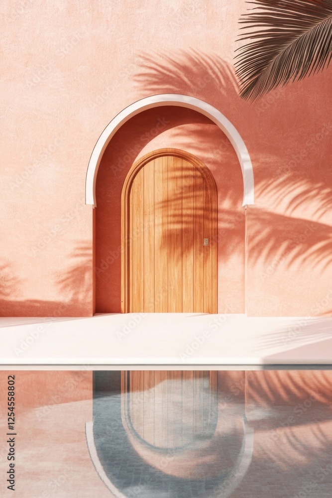 Fototapeta premium Soft pink walls embrace wooden door, reflecting serene palm shad