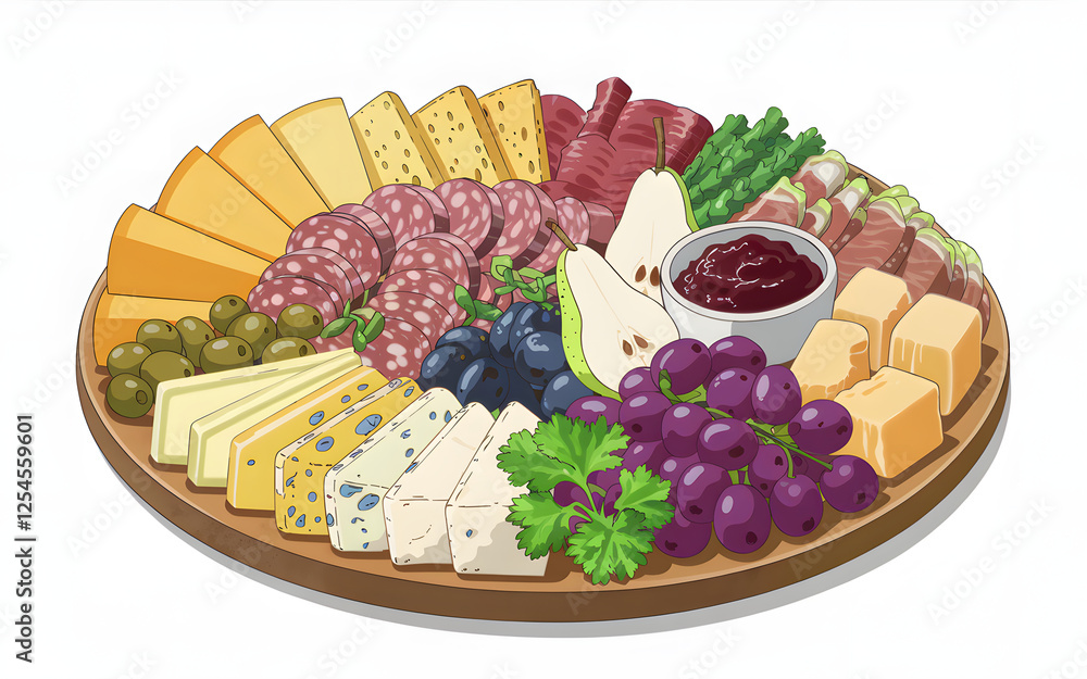 A delicious charcuterie board with cheeses, meats, fruits, and olives. A delicious charcuterie board with cheeses, meats, fruits, and olives.