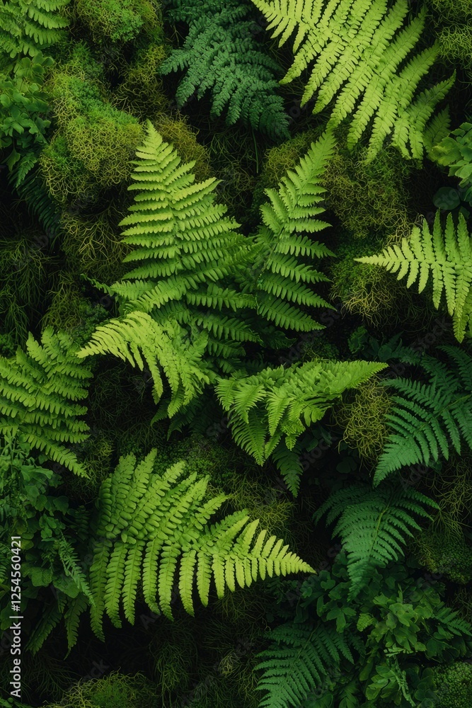 Lush green fern fronds and moss background. Natural setting for a botanic backdrop Lush green fern fronds and moss background. Natural setting for a botanic backdrop