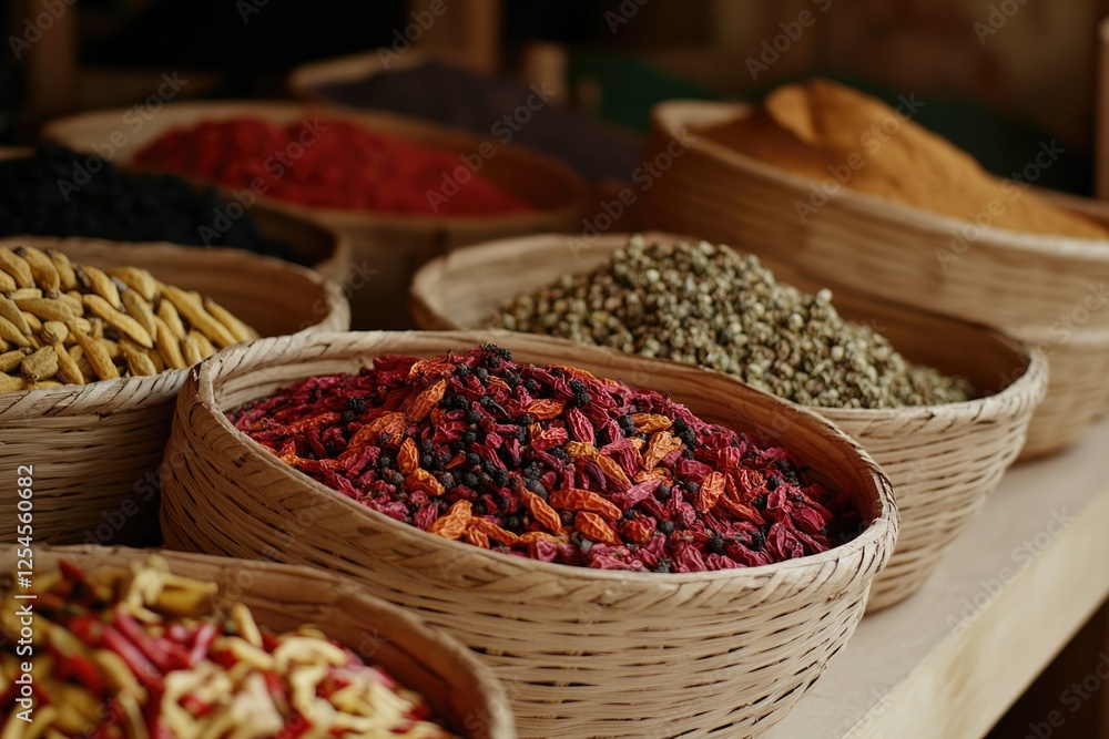 Colorful spices arranged in woven baskets create vibrant marketp