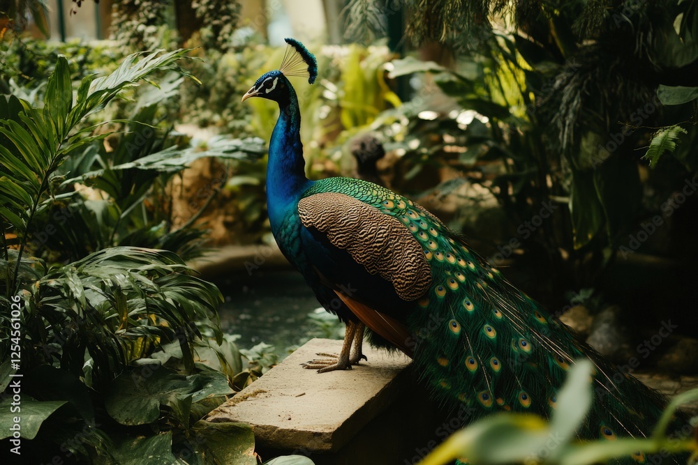 Naklejka premium A peacock displaying its feathers in a lush garden,