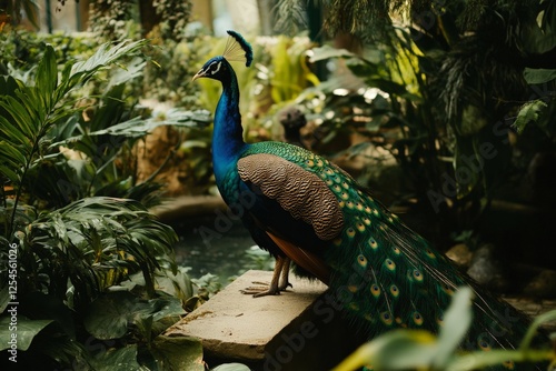 A peacock displaying its feathers in a lush garden, photo