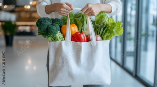 Sustainability at home, eco-friendly and minimalist styles : Hands holding a reusable cotton bag with fresh organic vegetables, symbolizing sustainable shopping habits. photo