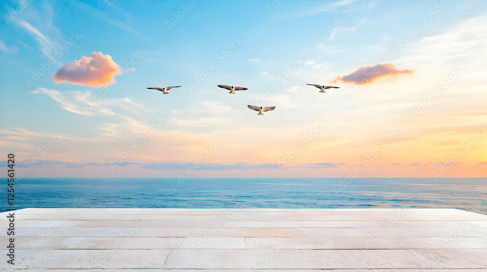 Birds flying over ocean sunset; wooden table Birds flying over ocean sunset; wooden table